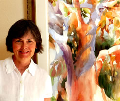 Jean Warren with her painting Oaks